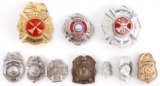 LOT OF 10 OBSOLETE FIREMAN AND FIRE CHEIF BADGES