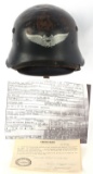 WWII GERMAN LUFTSCHUTZ HELMET W BRING BACK PAPERS
