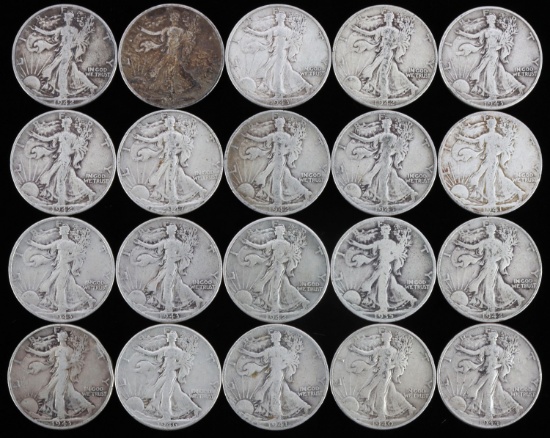 LOT OF 90% SILVER WALKING LIBERTY HALF $10 FACE