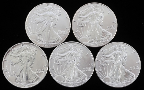 LOT 5 SILVER AMERICAN EAGLE .999 FINE 1 OZT COINS