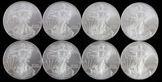 LOT 8 2009 1 OZT OUNCE SILVER AMERICAN EAGLE COINS