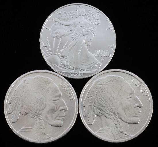 LOT OF 3 1 OZT EACH .999 SILVER BUFFALO ROUNDS