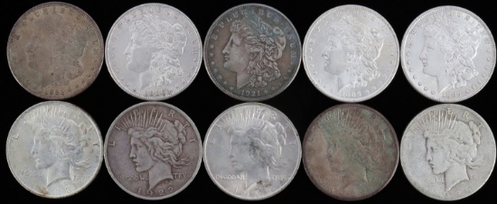 MIXED LOT OF 10 MORGAN & PEACE SILVER DOLLAR COINS