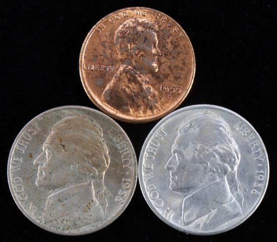 1938 P 1938 D NICKEL LOT & 1955 S UNC PENNY