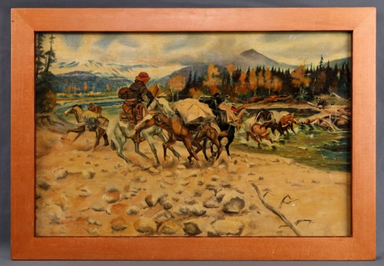20TH CENTURY W. JONES ART HORSES CROSSING STREAM