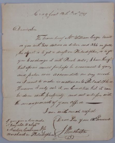 GEN JAMES WINCHESTER 1797 SIGNED LETTER ALS