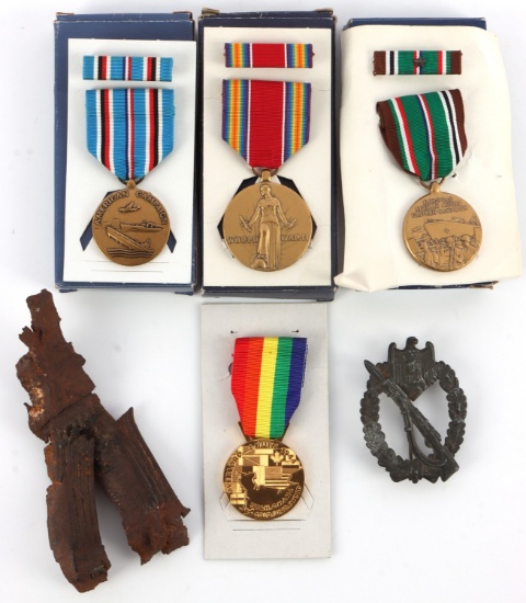 6 PC LOT WWII NAMED MEDALS & OMAHA BEACH SHRAPNEL