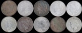 MIXED LOT OF 10 MORGAN & PEACE SILVER DOLLAR COINS