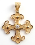 18K GOLD FILIGREE CROSS PENDANT W SIMULANT STONE