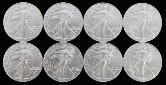 LOT 8 SILVER AMERICAN EAGLE .999 FINE 1 OZT COINS