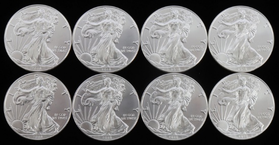 LOT 8 SILVER AMERICAN EAGLE .999 FINE 1 OZT COINS
