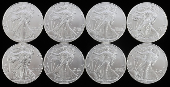 LOT 8 SILVER AMERICAN EAGLE .999 FINE 1 OZT COINS