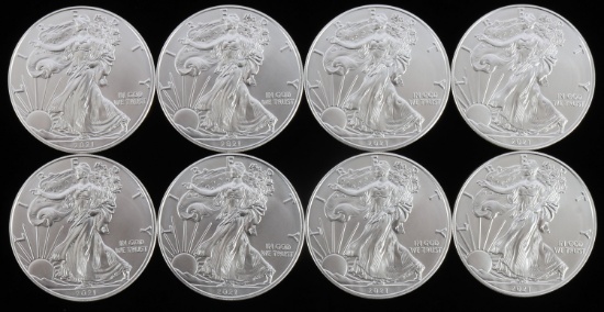 LOT 8 SILVER AMERICAN EAGLE .999 FINE 1 OZT COINS