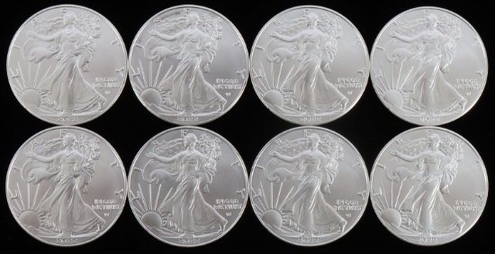 LOT 8 SILVER AMERICAN EAGLE .999 FINE 1 OZT COINS
