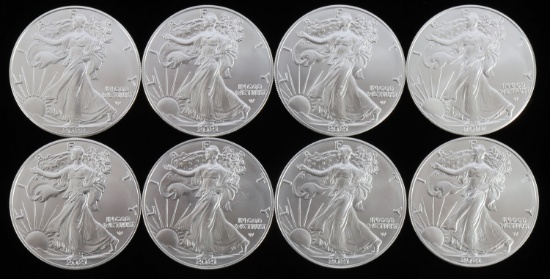 LOT 8 SILVER AMERICAN EAGLE .999 FINE 1 OZT COINS