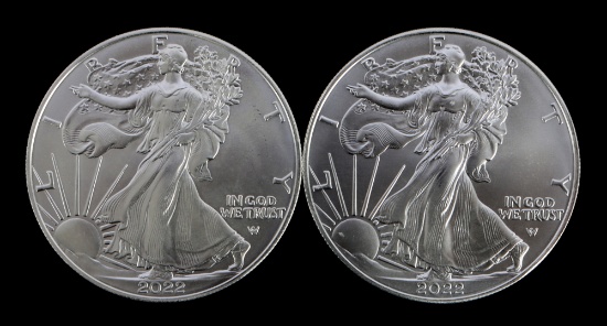 TWO SILVER EAGLES 1 OZT .999 SILVER 2022