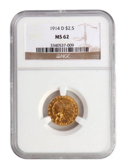 MS62 GRADED GOLD 1914 INDIAN HEAD $2.50 COIN