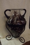 Vintage Hand Blown Glass Vase with Wrough Iron Stand