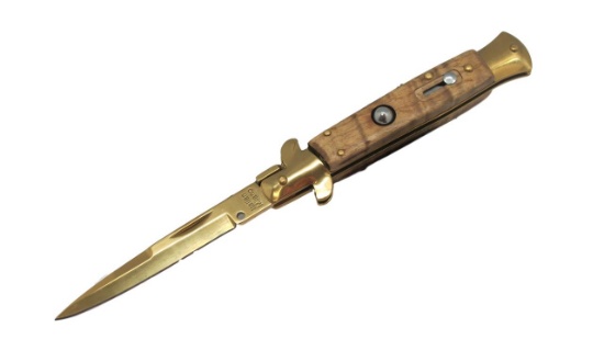 Italian Style Mini Classic Stiletto Switchblade- Natural wood w/ Gold