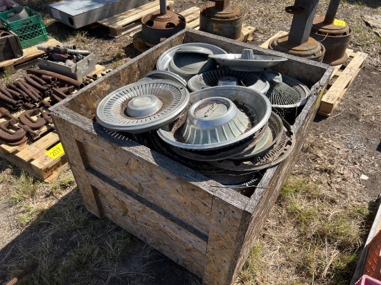 CRATE OF ANTIQUE CAR HUB CAPS