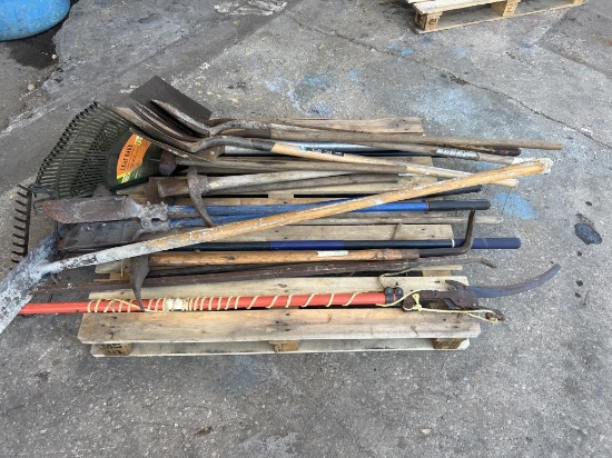 PALLET OF SHOVELS, RAKES, HAND TOOLS