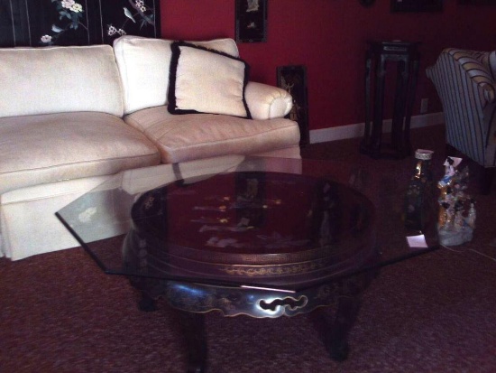 Oriental inlaid coffee table with thick glass top with foldable legs