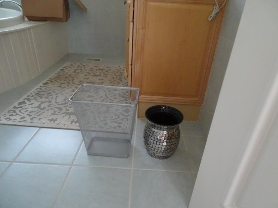 2 trash cans-Moroccan tile waste basket and metal waste basket