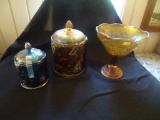 Carnival Glass-3 pieces-small canister Indiana glass-Blue carnival.