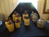 Assorted Whiskey jugs (10). Includes half pint Beamont Bros, salt glazed/cobalt blue Crooksville, OH