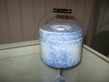 Blue/White Butter Crock w/Eagle & Shield-Very Rare-Arrows wire & Wood Handle