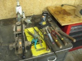 Box Lot-Shears (7), small hoe, bottle jacks (3), jack for car