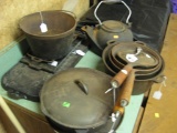 Cast iron pots (5)- Kettle, 2 corn bread, 2 cast iron griddles(one round and one rectangle)