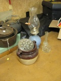 Oil Lamp, glass flower frog, glass basket, crock, vase.