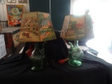 2 Vintage lamps-Green Italian wine bottles w/ corks & ice bubble with Currier & Ives Shades.