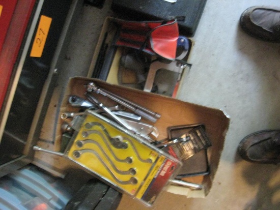 2 boxes tools-Socket Wrenches, Snake Wrenches, Hack Saw, GM Code Scanner & Safety Triangle