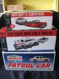 3 Vehicles: '59 Chevy El Camino Bank, '57 Chevy Drag Car & Trailer Bank (both die cast)