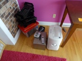 Miscellaneous Corner-Paper Shredder, metal box, telephone, hole punch, plastic trays,hanging folders
