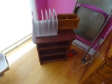 Office bookcase-wood w/metal file, baskets and folding chair