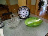 Clock (plastic) and glass bowl & basket