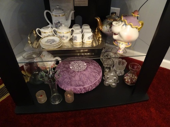 All items on 2 shelves-Tea set, 3 other teapots, vases, etc.