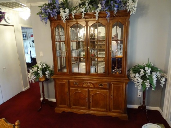 China Cabinet-82"H x 58"L x 15"D, plus plant stands and artificial flowers.