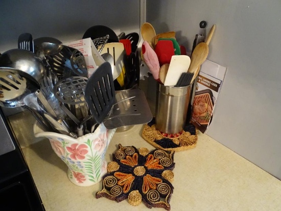 Kitchen Corner Utensils and containers plus hot pads