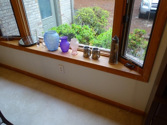 All items on windowsill-Large stein, mugs, vases, glass swans