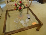Items on table: Glass vase w/flowers, ash trays, Eagle head, bowl, etc