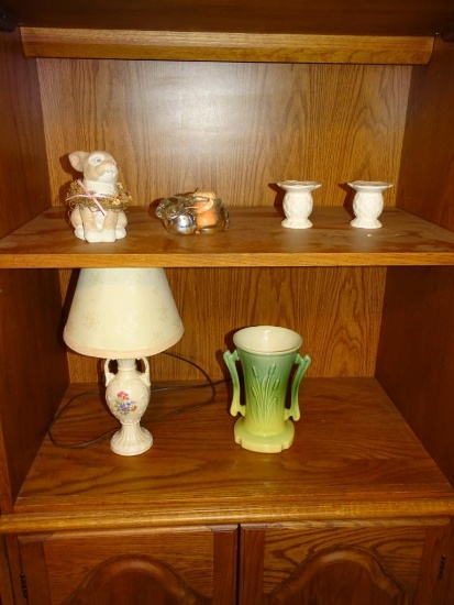 Items on 2 shelves-lamp, vase, statue, candle, etc.