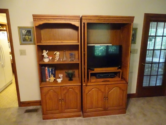 TV Cabinet & Bookcase-all wood. TV cabinet is 36"W x 20" D x 76"H. Bookcase: 30" W x 16" D x 76"H.