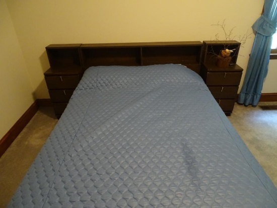 Bedroom set-double bed w/bookcase, 2 side storage units, plus dresser w/ mirror and chest.
