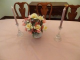 Cut glass vase w/ flowers and candlesticks