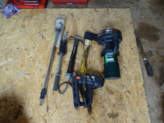 Propane Heater, Stanley Nail Gun, Slide Hammer, light, hatchet