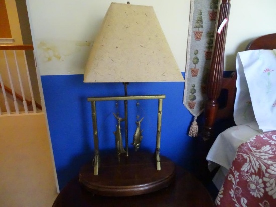 Brass lamp w/wood base-fish motif